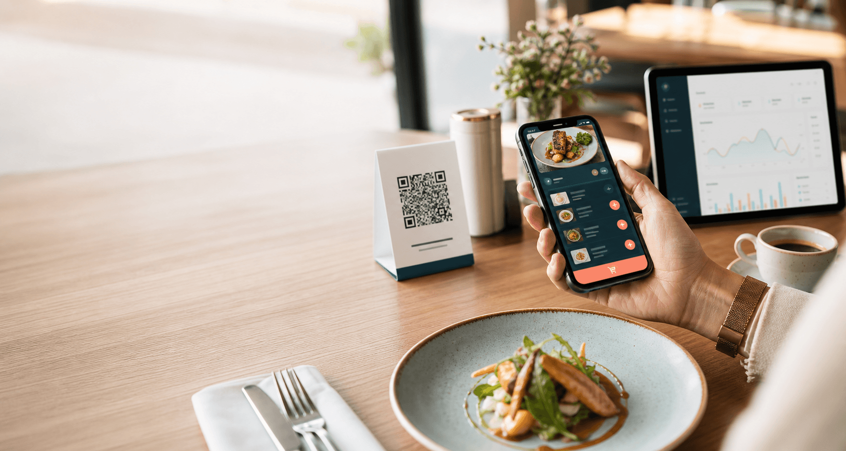Modern restoran masasında QR menü ve akıllı ödeme deneyimi